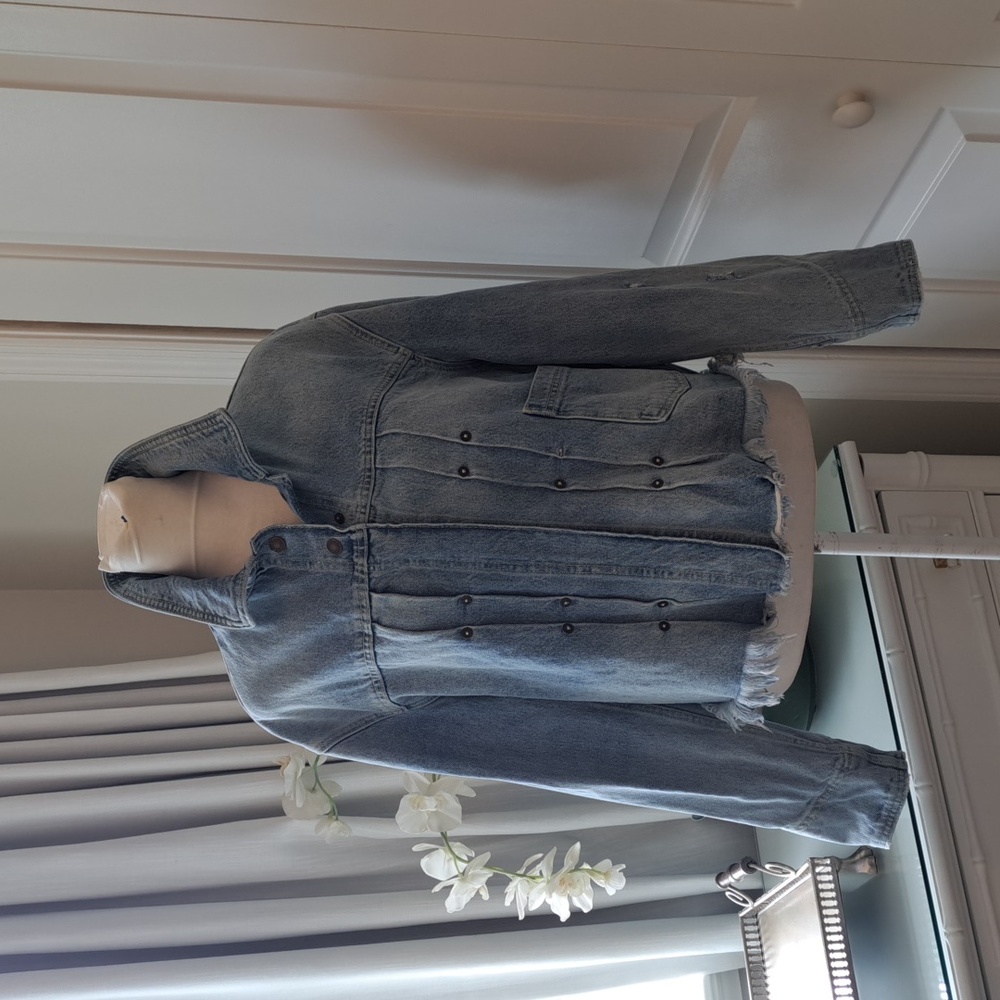 FREE PEOPLE Womens Light Distressed Wash‎ Pleated Denim Jean Jacket Zipper SM